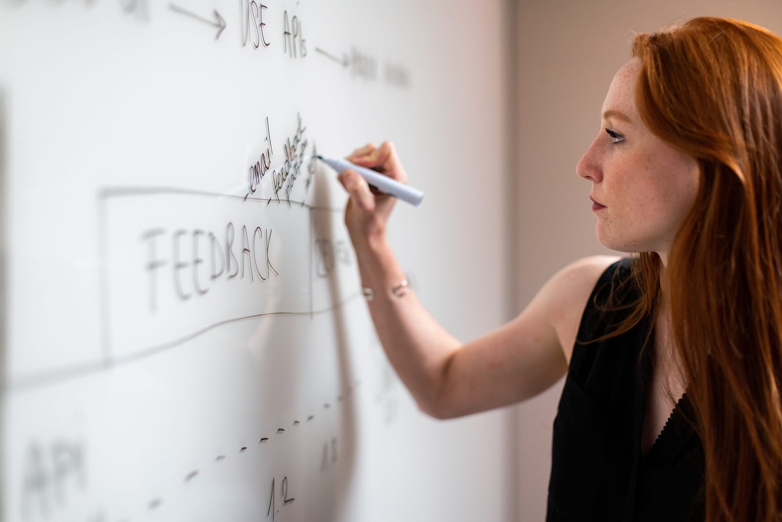 Profesional diseñando arquitectura de sistemas en pizarra con diagramas de flujo